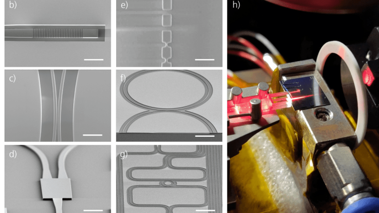 4‘‘ silicon nitride wafer with photonic integrated circuits a), scanning electron micrograph of a grating coupler - scale 1µm b), evanescent coupler - scale 2µm c), multi-mode interferometer - scale 2µm d), Huygens waveguide - scale 2µm e), coupled micro ring resonators – scale 10 µm f), integrated entangled photon source - scale 25µm g), PIC chip coupled by a fiber array h).