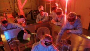 Preparation of the target chamber of the high-energy POLARIS laser system.