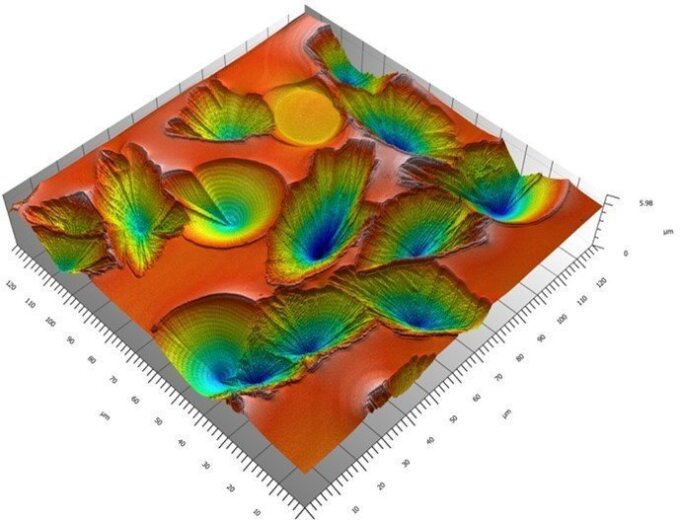 Figure: LSM picture of fresnoite crystals on a glass surface with the crystals sinking into the bulk (blue is deep, red is the surface).